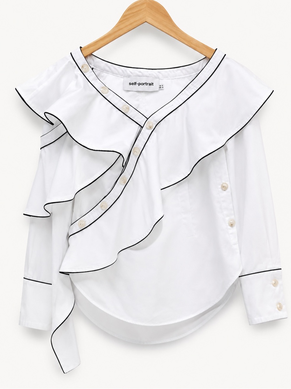 Self-Portrait White Button-Down Ruffle Shirt with Black Trim